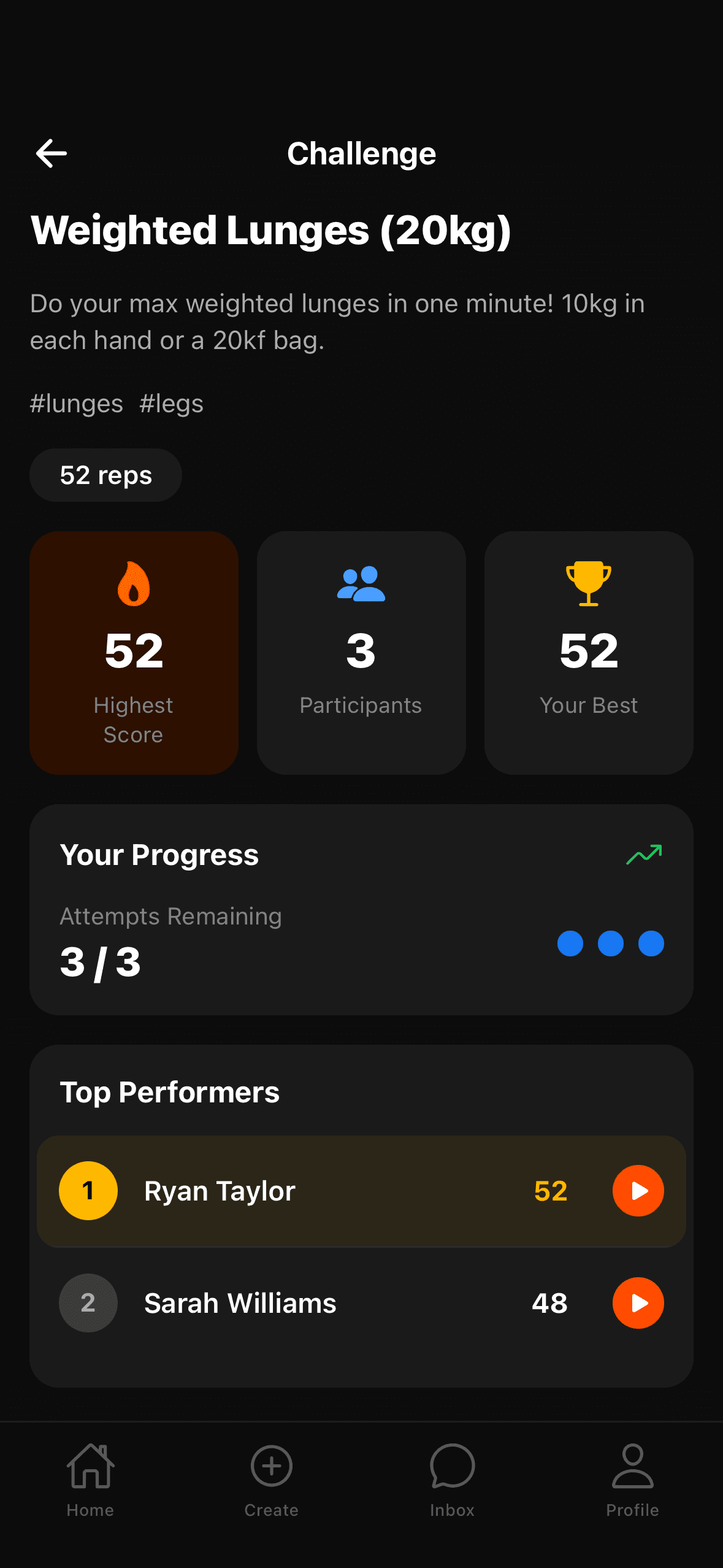 Challenge detail screen showing top performers and a Start Challenge button
