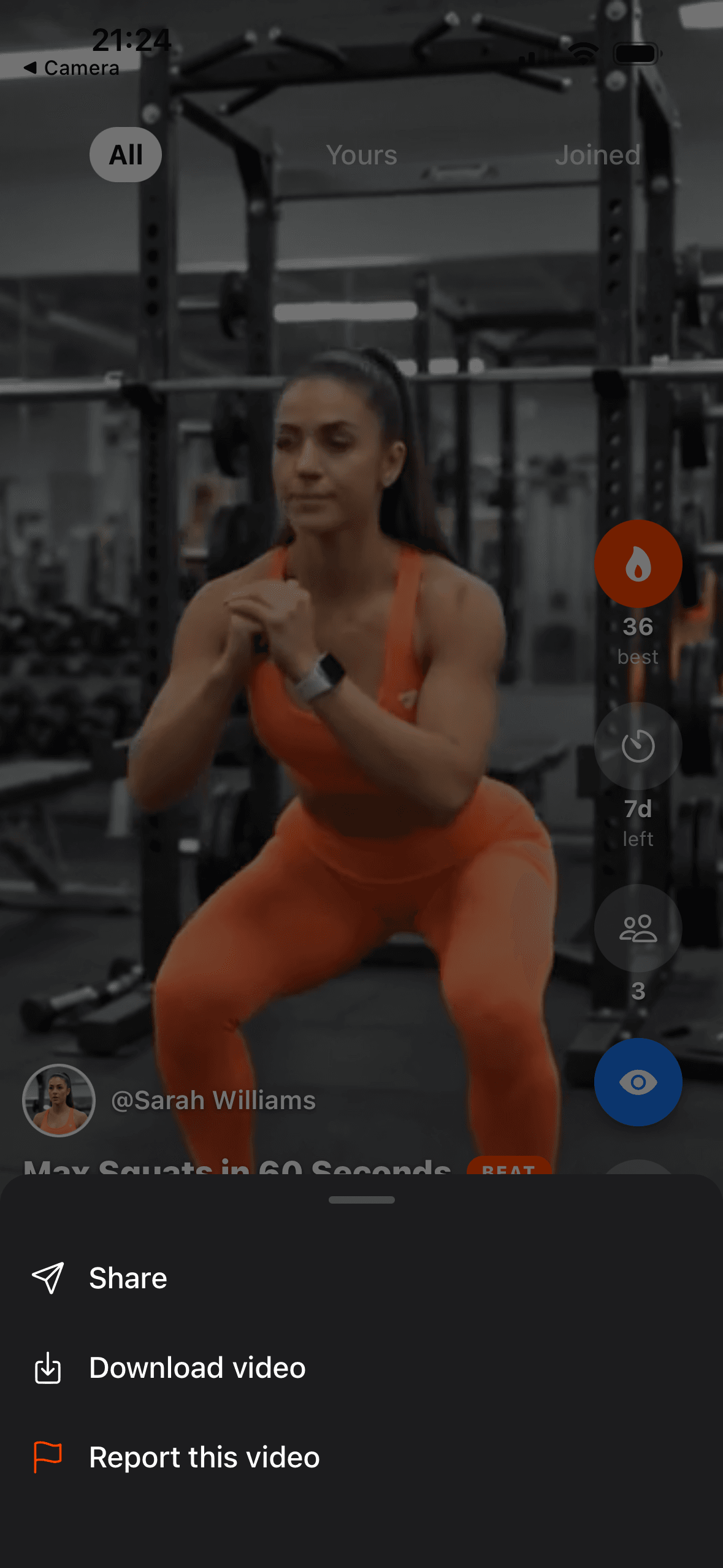 Share Challenge screen with the attempt video and score